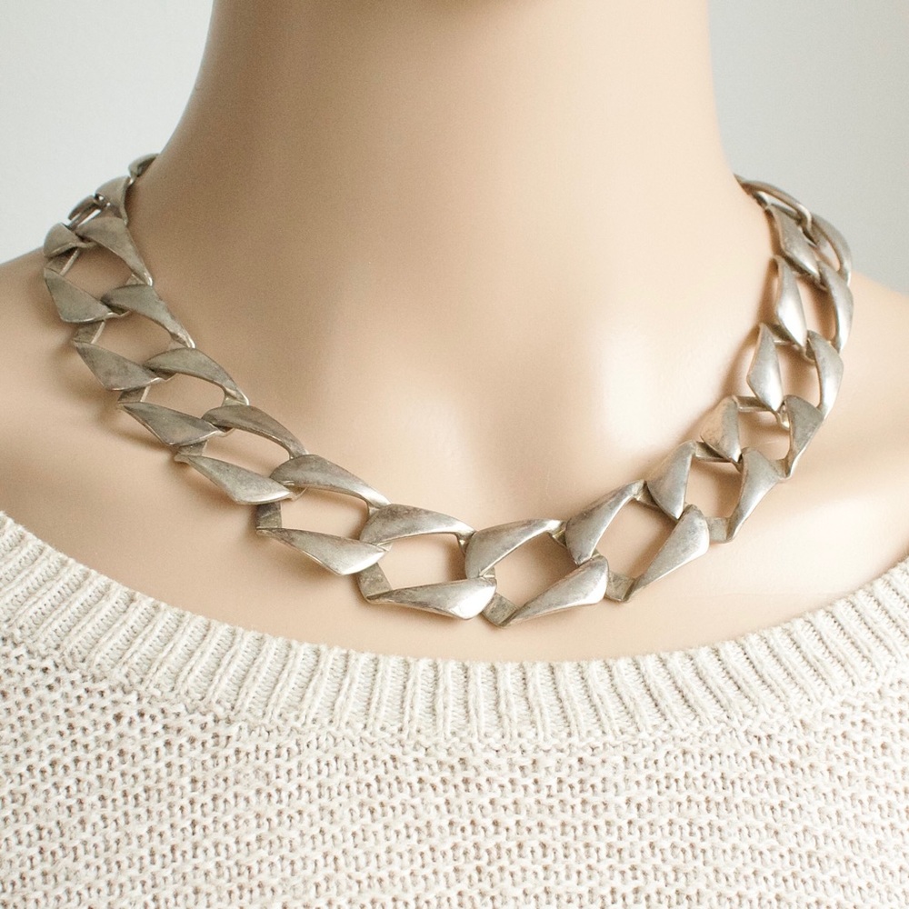 Vintage Silver Tone Collar Necklace Chunky Wide Flat Curb Link Chain